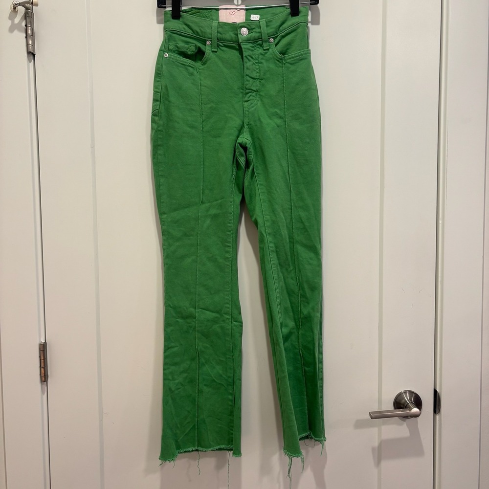 Revice Denim Venus Flares Kelly Green High Waisted Raw Hem Jeans Size 25